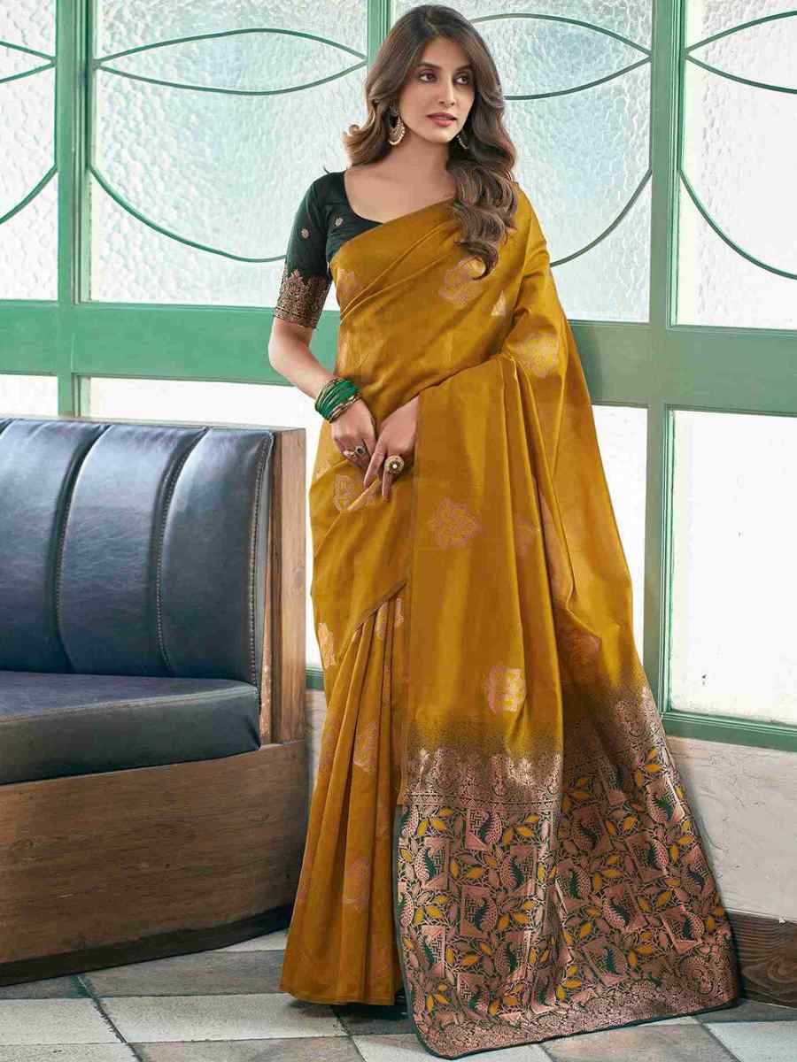 Mustard Banarasi Soft Silk Embroidered Festival Party Heavy Border Saree
