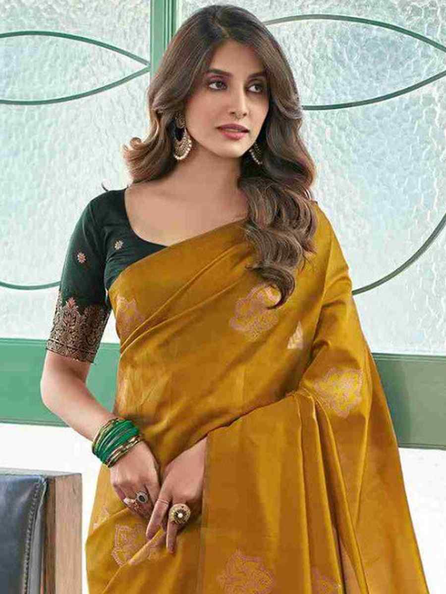 Mustard Banarasi Soft Silk Embroidered Festival Party Heavy Border Saree