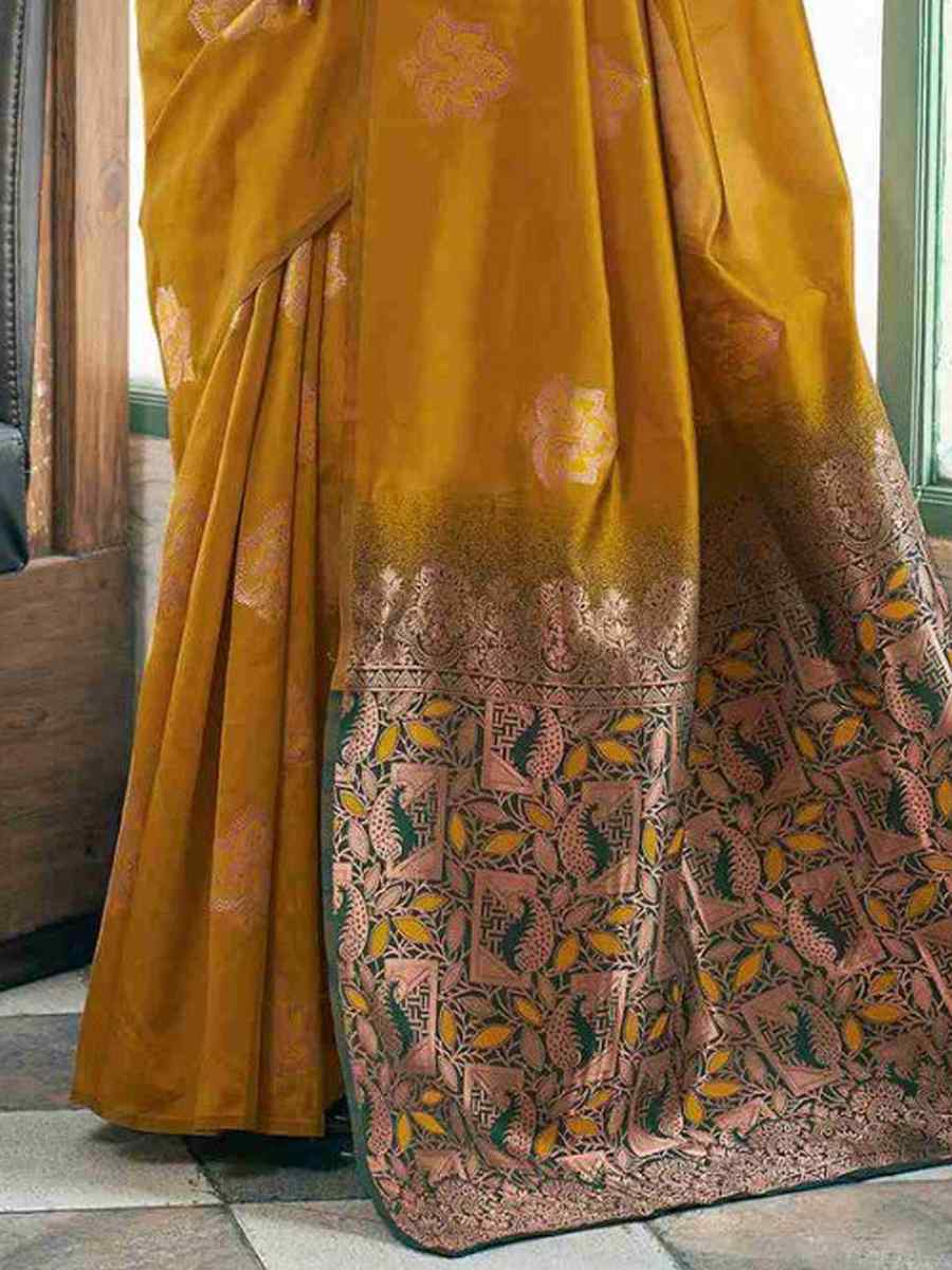 Mustard Banarasi Soft Silk Embroidered Festival Party Heavy Border Saree