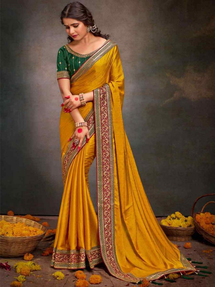 Mustard Bsy Satin Embroidered Festival Wedding Heavy Border Saree