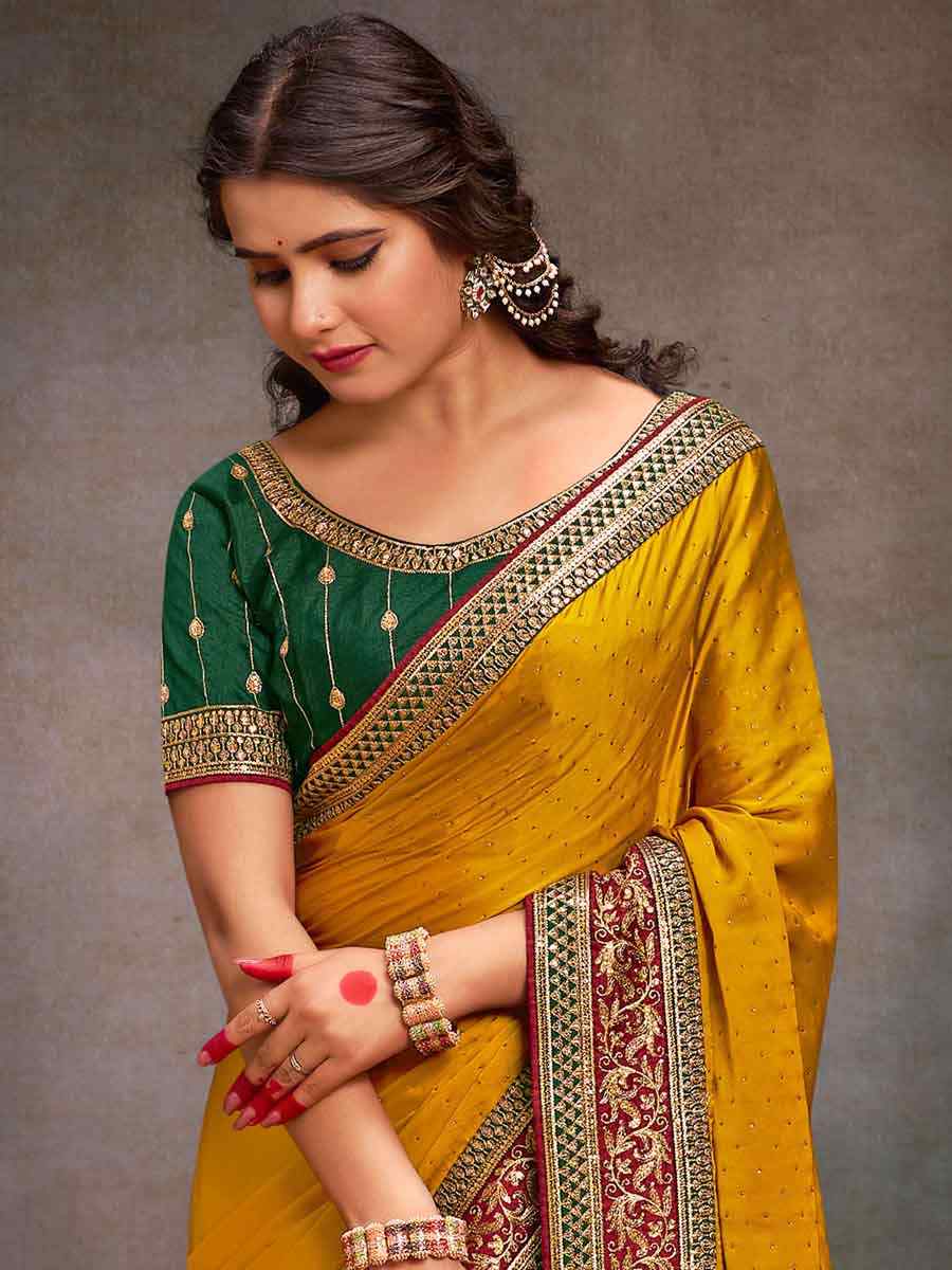 Mustard Bsy Satin Embroidered Festival Wedding Heavy Border Saree