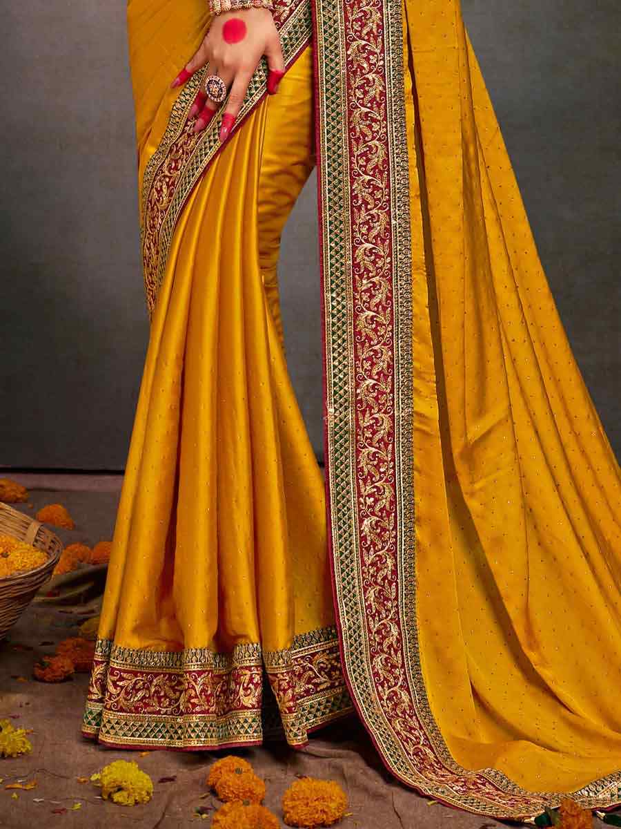 Mustard Bsy Satin Embroidered Festival Wedding Heavy Border Saree