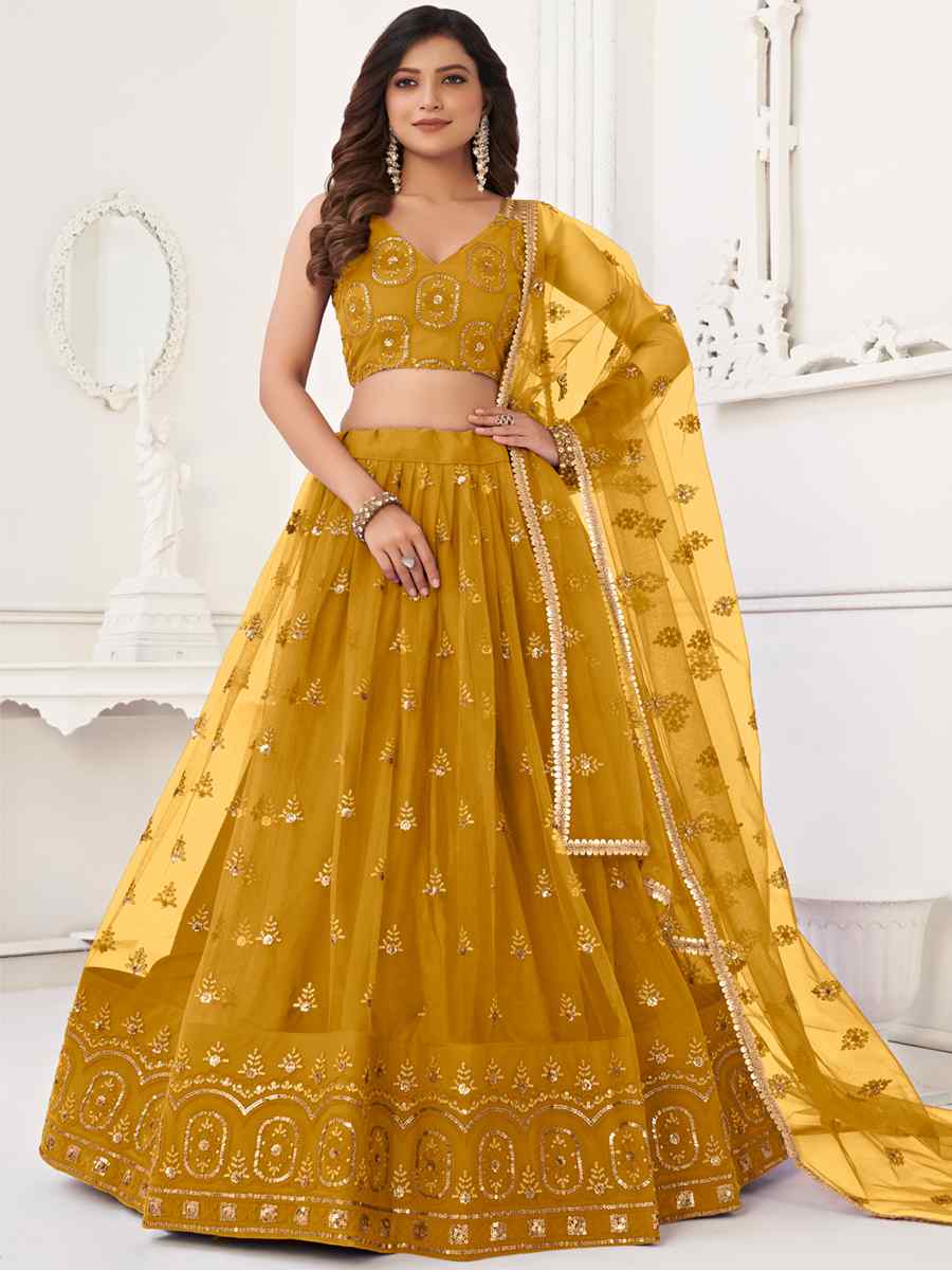 Mustard Butterfly Net Embroidered Bridesmaid Wedding Heavy Border Lehenga Choli