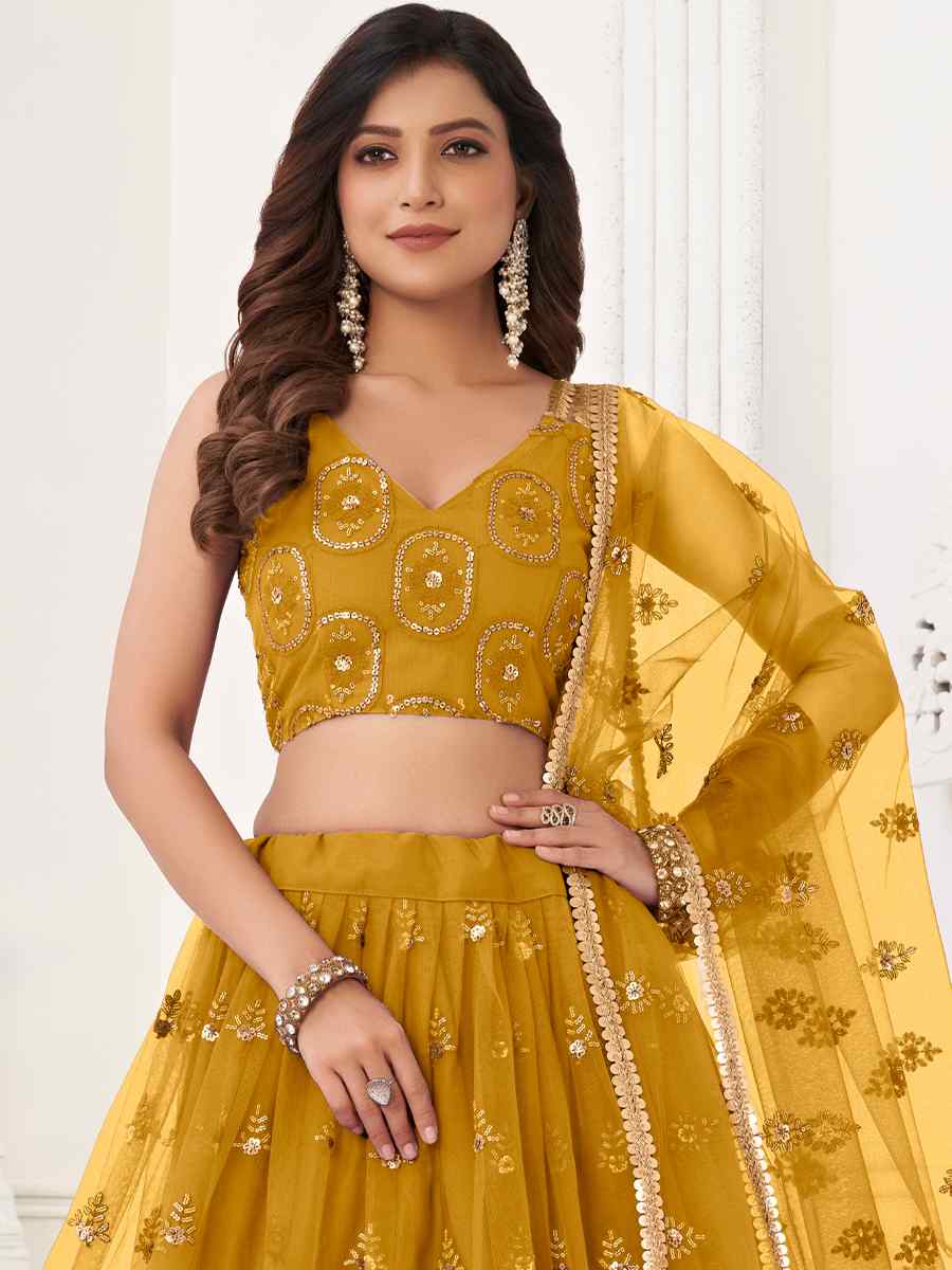 Mustard Butterfly Net Embroidered Bridesmaid Wedding Heavy Border Lehenga Choli