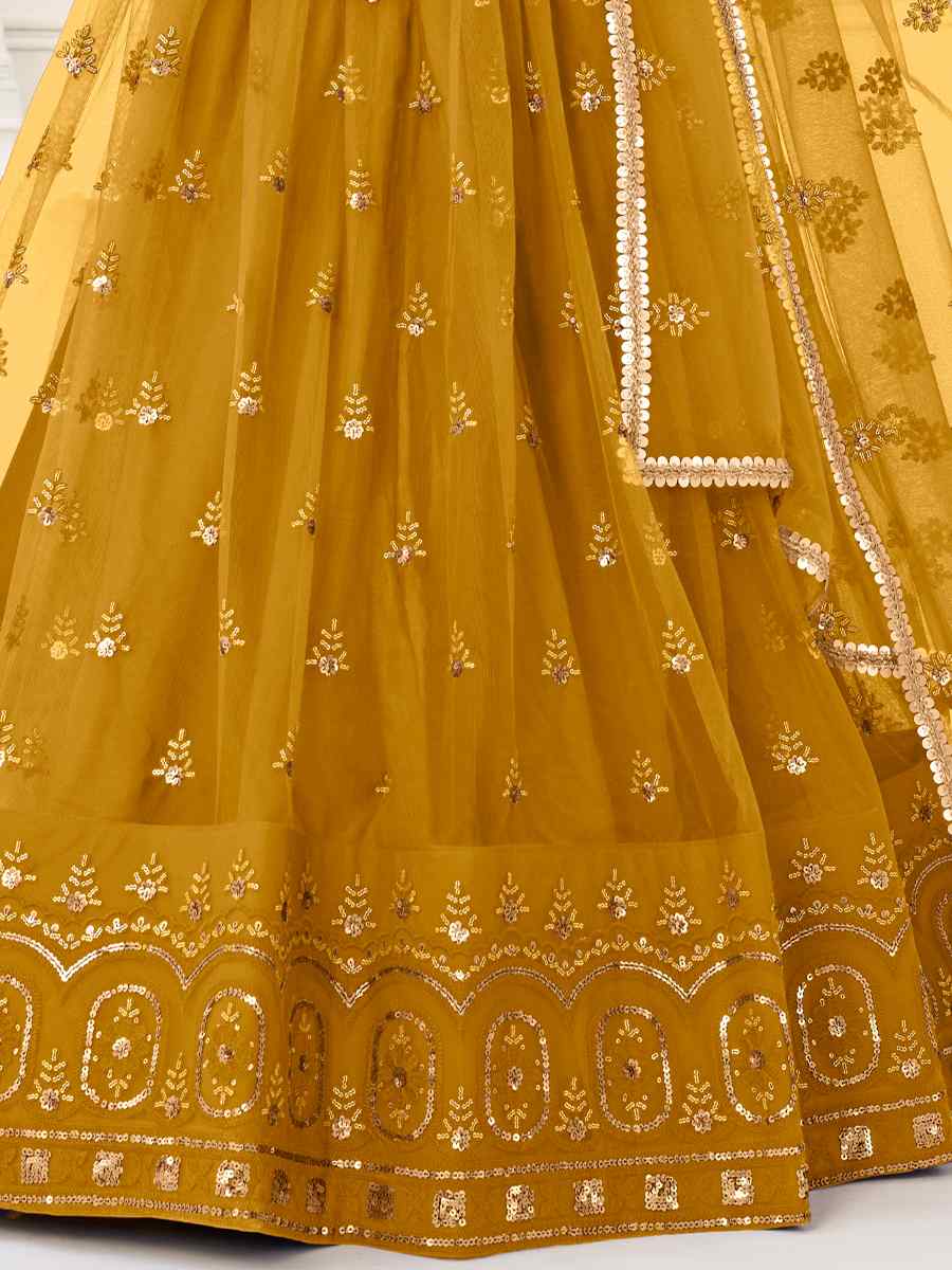 Mustard Butterfly Net Embroidered Bridesmaid Wedding Heavy Border Lehenga Choli