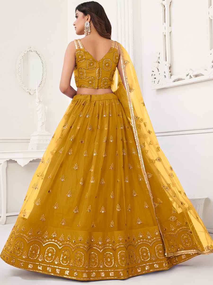 Mustard Butterfly Net Embroidered Bridesmaid Wedding Heavy Border Lehenga Choli
