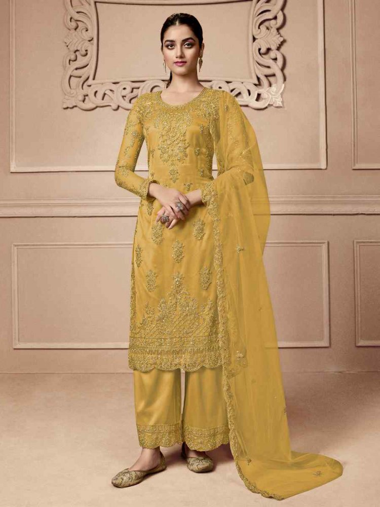 Mustard Butterfly Net Embroidered Wedding Festival Pant Salwar Kameez