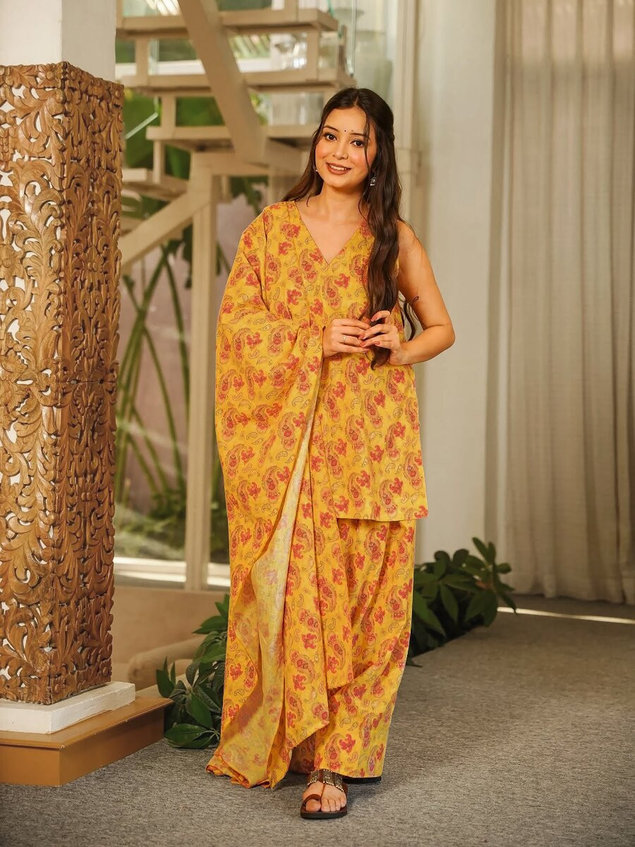 Mustard Cambric cotton Floral Printed Party Festival Casual Ready Farsi Pant Salwar Kameez