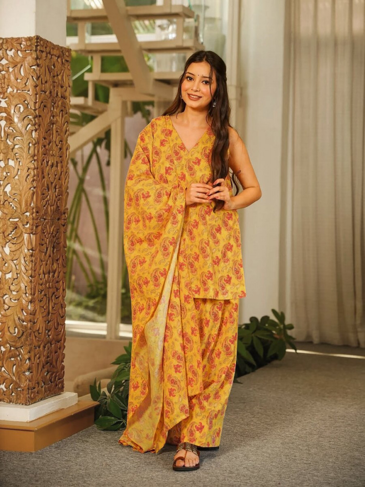 Image of Mustard Cambric cotton Floral Printed Party Festival Casual Ready Farsi Pant Salwar Kameez
