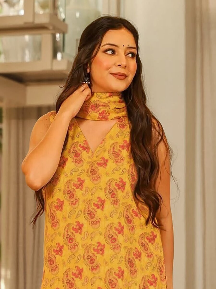 Mustard Cambric cotton Floral Printed Party Festival Casual Ready Farsi Pant Salwar Kameez