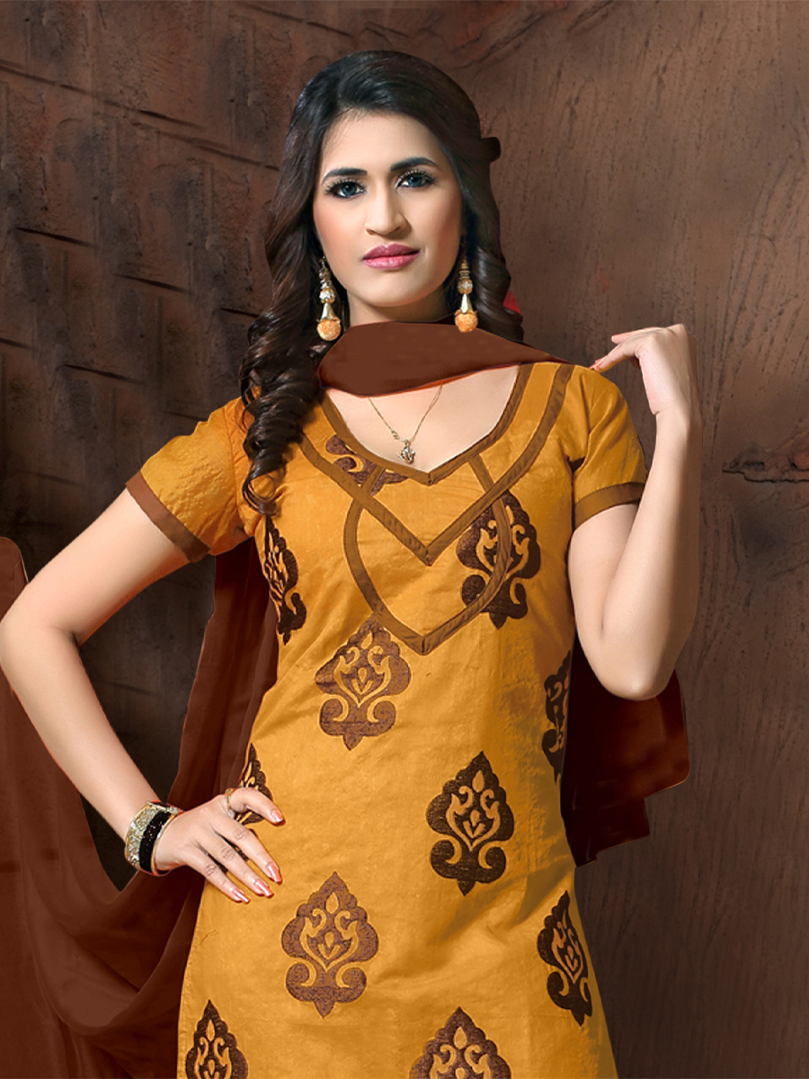 Mustard Chanderi Cotton Printed Casual Festival Churidar Salwar Kameez