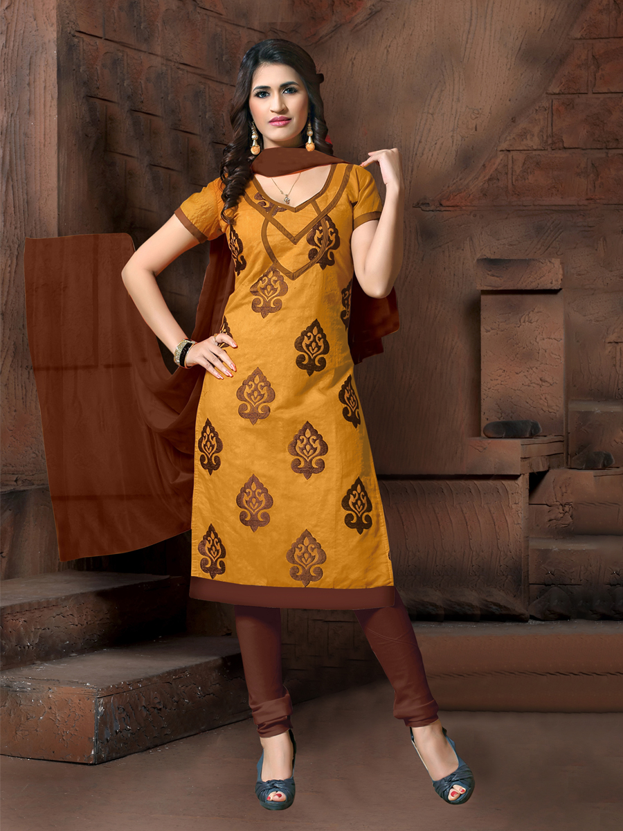 Mustard Chanderi Cotton Printed Casual Festival Churidar Salwar Kameez