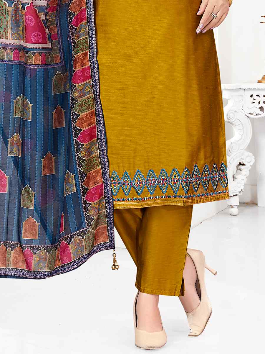 Mustard Chanderi Silk Embroidered Festival Wedding Pant Salwar Kameez