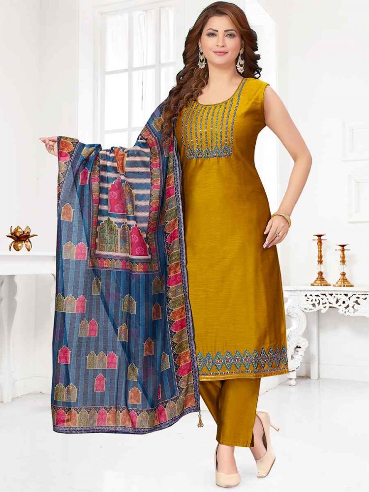 Mustard Chanderi Silk Embroidered Festival Wedding Pant Salwar Kameez