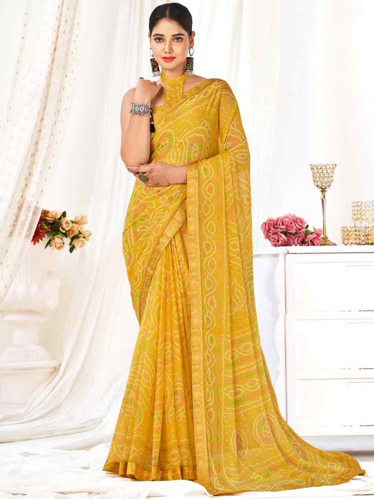 Mustard Chiffon Printed Casual Festival Contemporary Saree