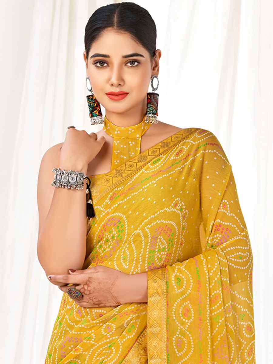 Mustard Chiffon Printed Casual Festival Contemporary Saree