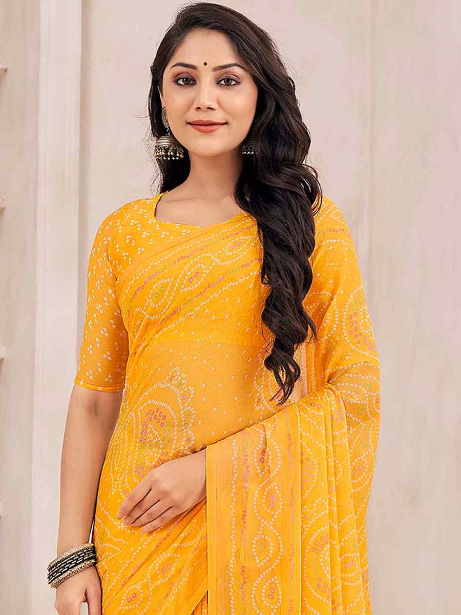 Mustard Chiffon Printed Casual Festival Contemporary Saree