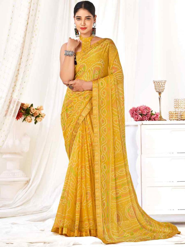 Mustard Chiffon Printed Casual Festival Contemporary Saree