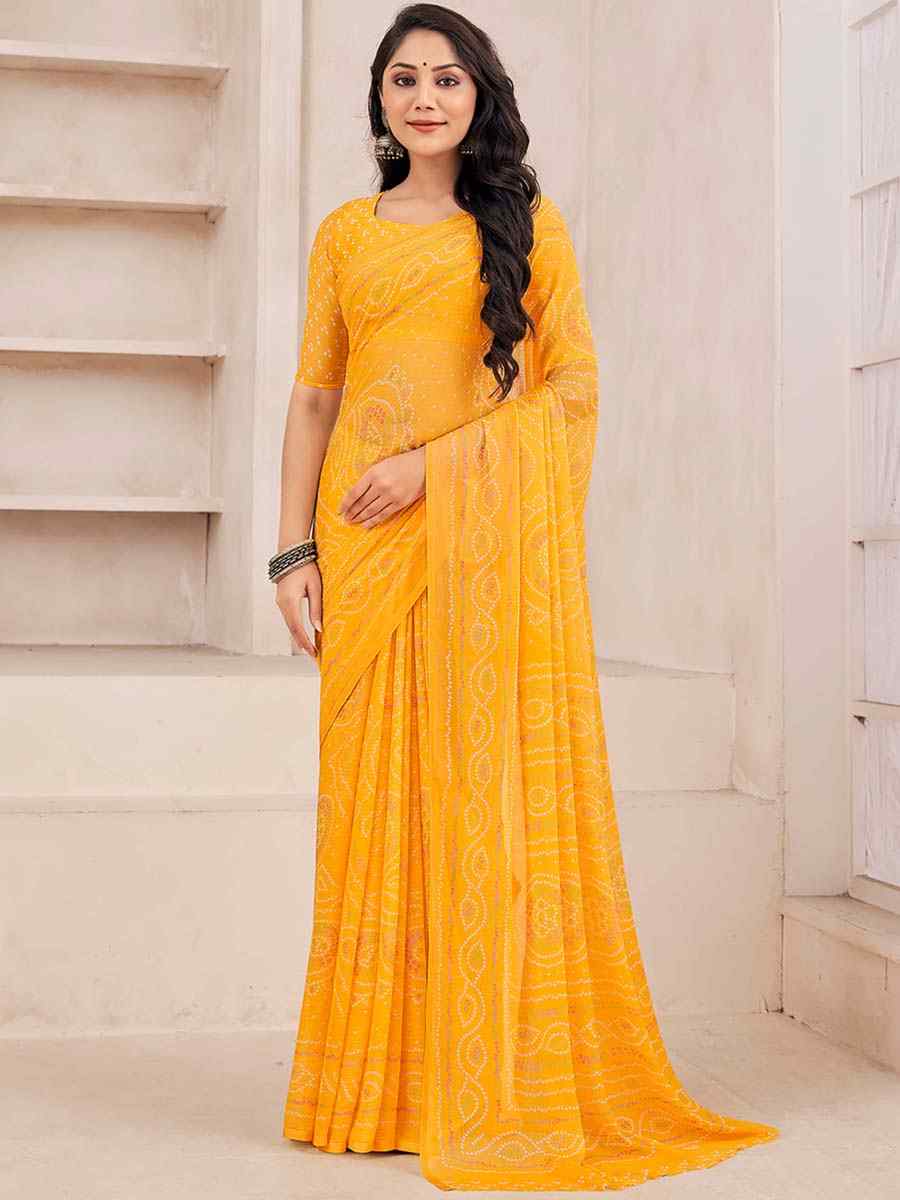 Mustard Chiffon Printed Casual Festival Contemporary Saree