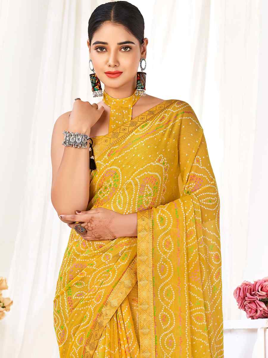 Mustard Chiffon Printed Casual Festival Contemporary Saree