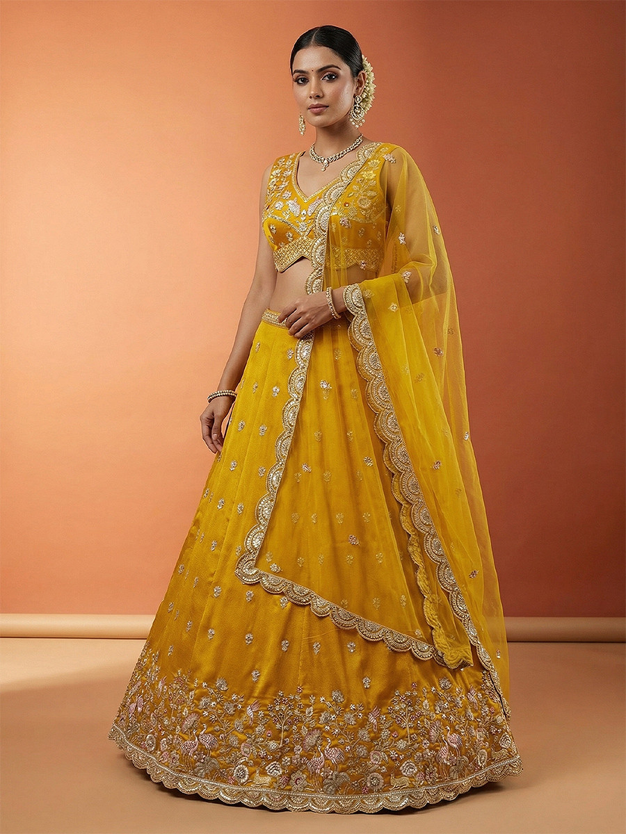 Mustard Chinnon Silk Embroidery Zari Sequins Wedding Reception Party Wear Festival Heavy Border Lehenga Choli