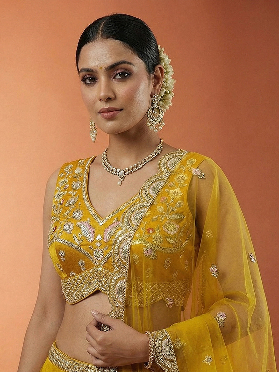 Mustard Chinnon Silk Embroidery Zari Sequins Wedding Reception Party Wear Festival Heavy Border Lehenga Choli