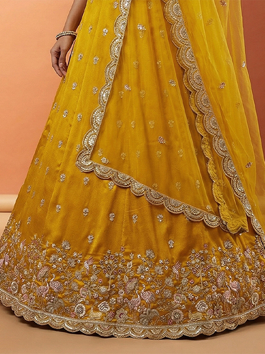 Mustard Chinnon Silk Embroidery Zari Sequins Wedding Reception Party Wear Festival Heavy Border Lehenga Choli