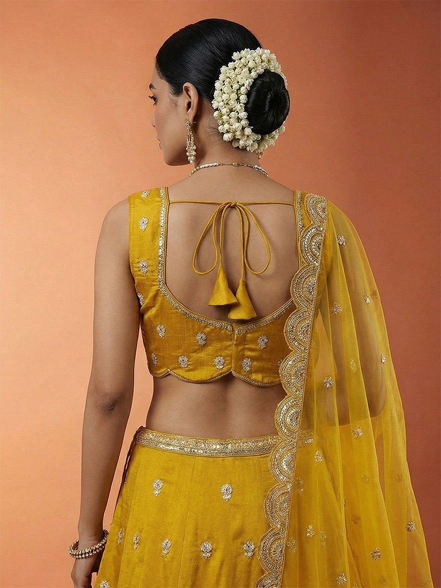 Mustard Chinnon Silk Embroidery Zari Sequins Wedding Reception Party Wear Festival Heavy Border Lehenga Choli