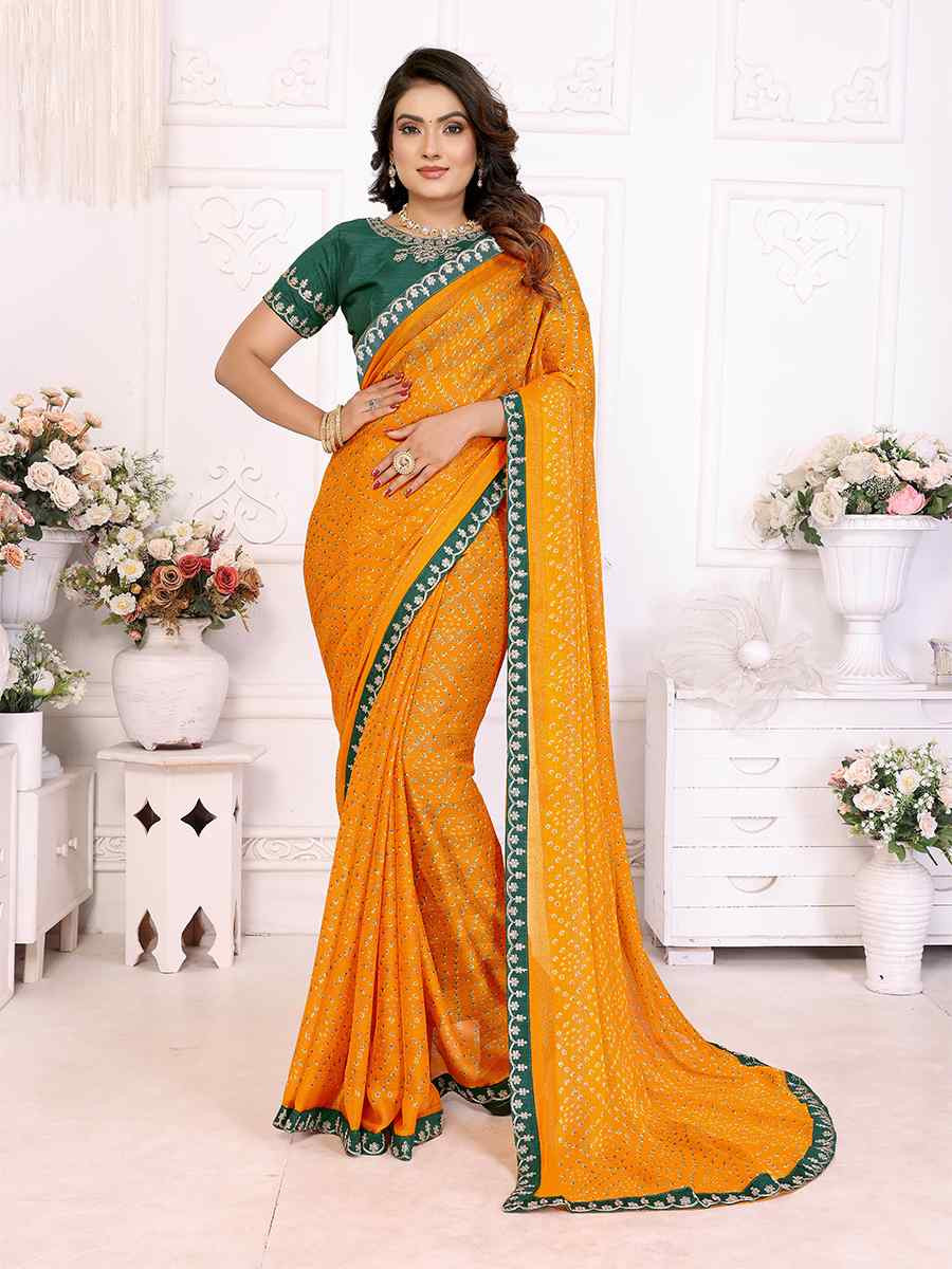 Mustard Chinon Embroidered Festival Wedding Fancy Heavy Border Saree