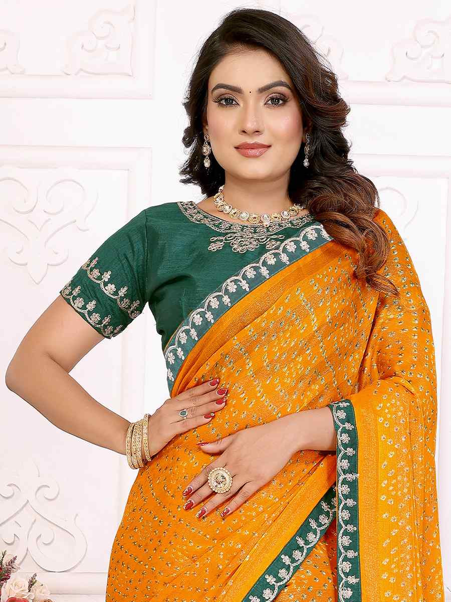 Mustard Chinon Embroidered Festival Wedding Fancy Heavy Border Saree