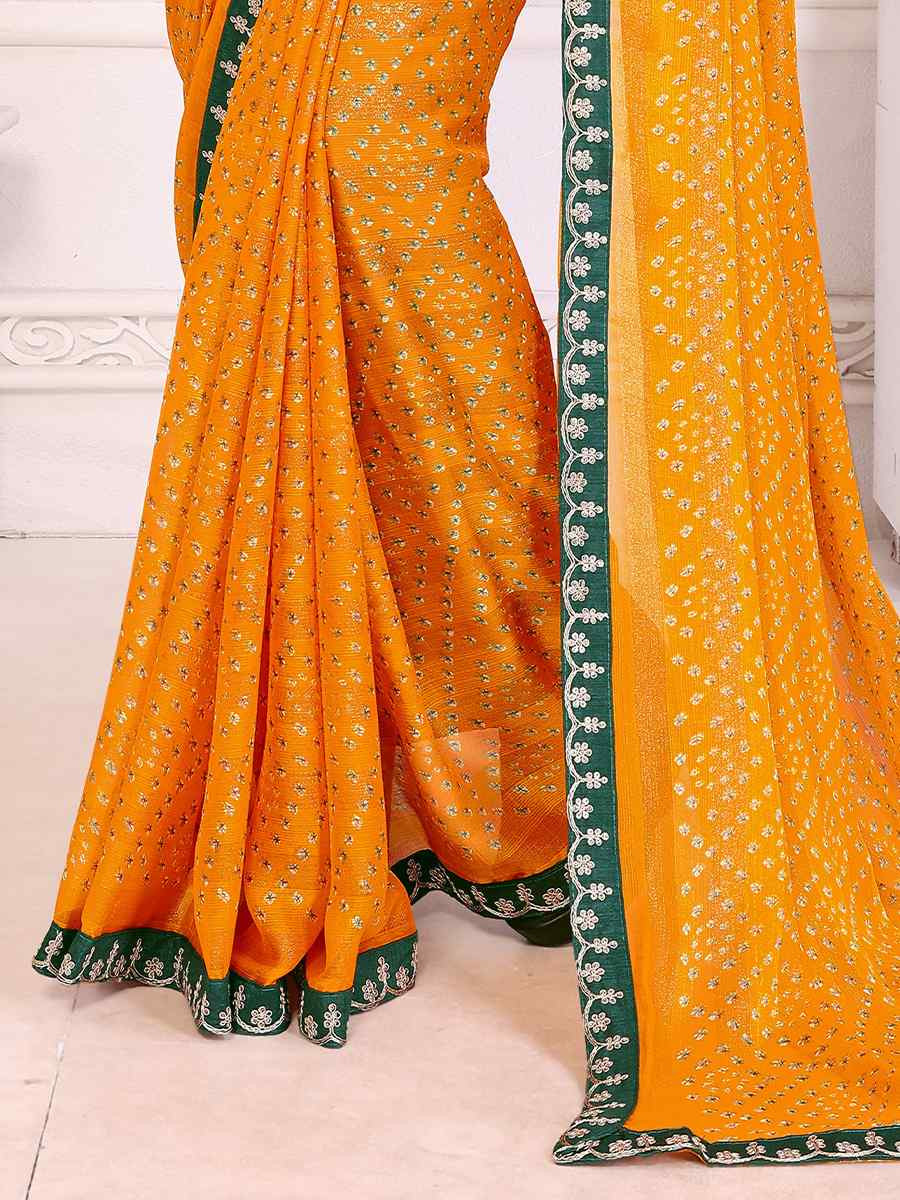 Mustard Chinon Embroidered Festival Wedding Fancy Heavy Border Saree