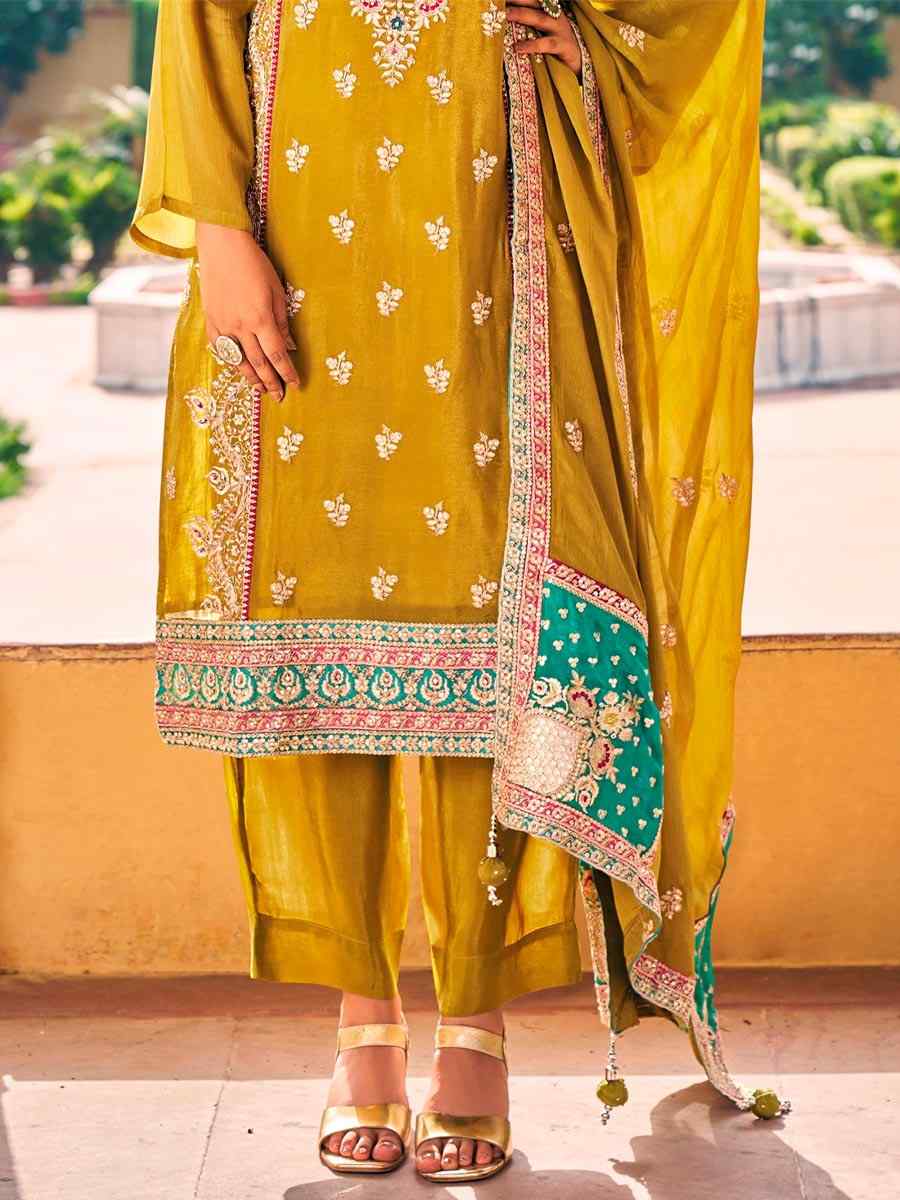 Mustard Chinon Embroidered Festival Wedding Pant Salwar Kameez