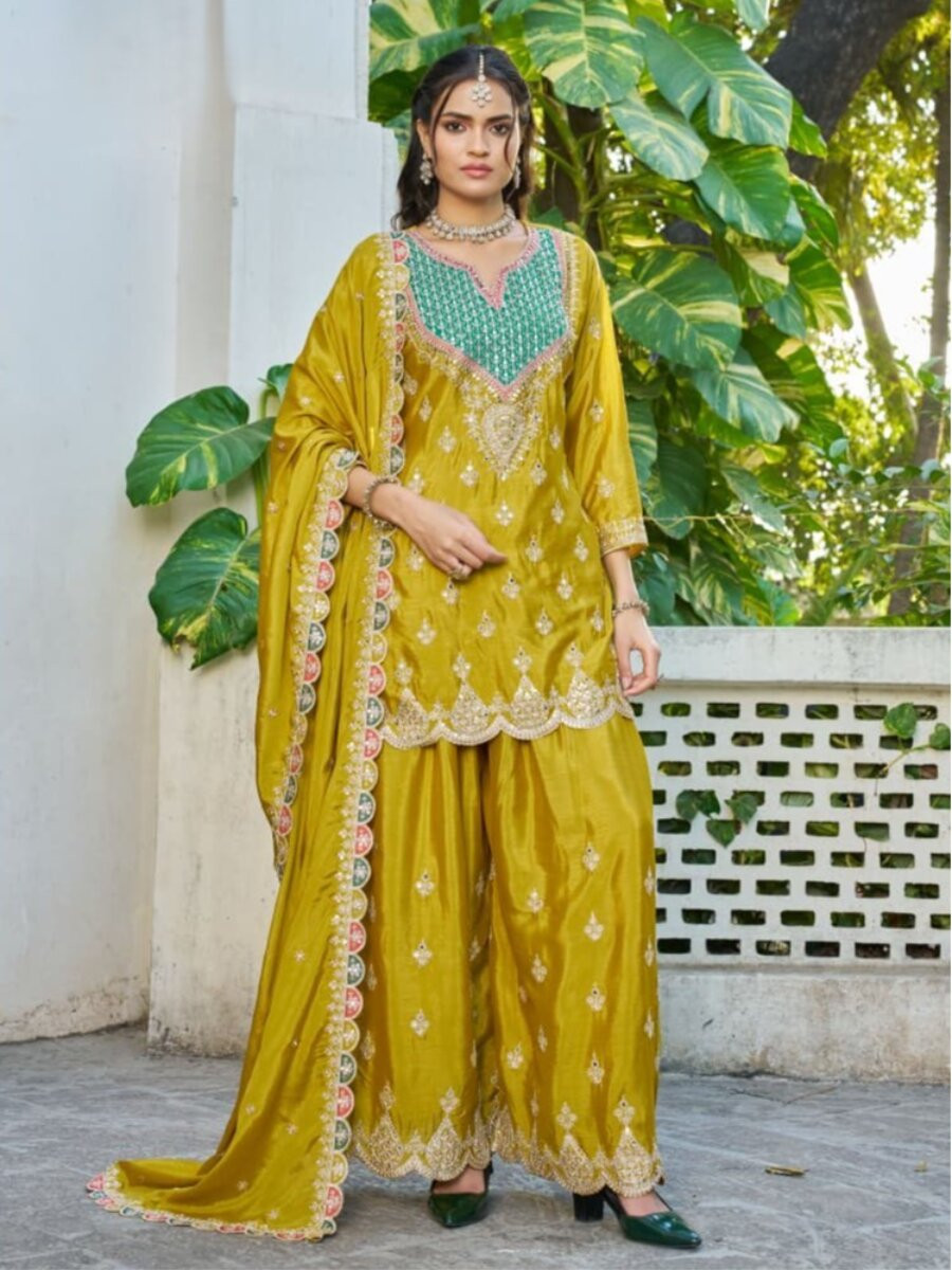 Mustard Chinon Embroidery Sequins Wedding Party Festival Casual Ready Palazzo Pant Salwar Kameez