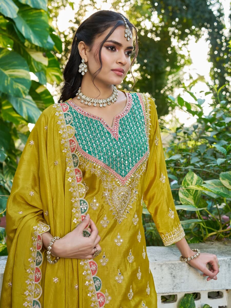 Mustard Chinon Embroidery Sequins Wedding Party Festival Casual Ready Palazzo Pant Salwar Kameez