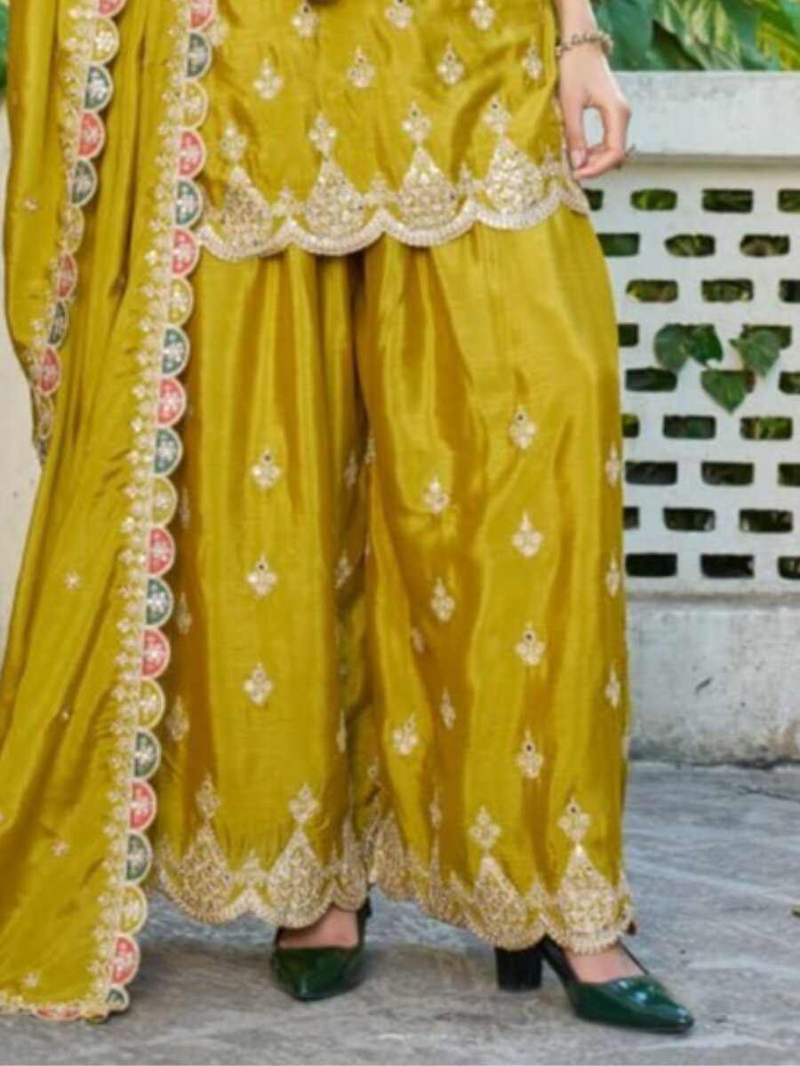 Mustard Chinon Embroidery Sequins Wedding Party Festival Casual Ready Palazzo Pant Salwar Kameez