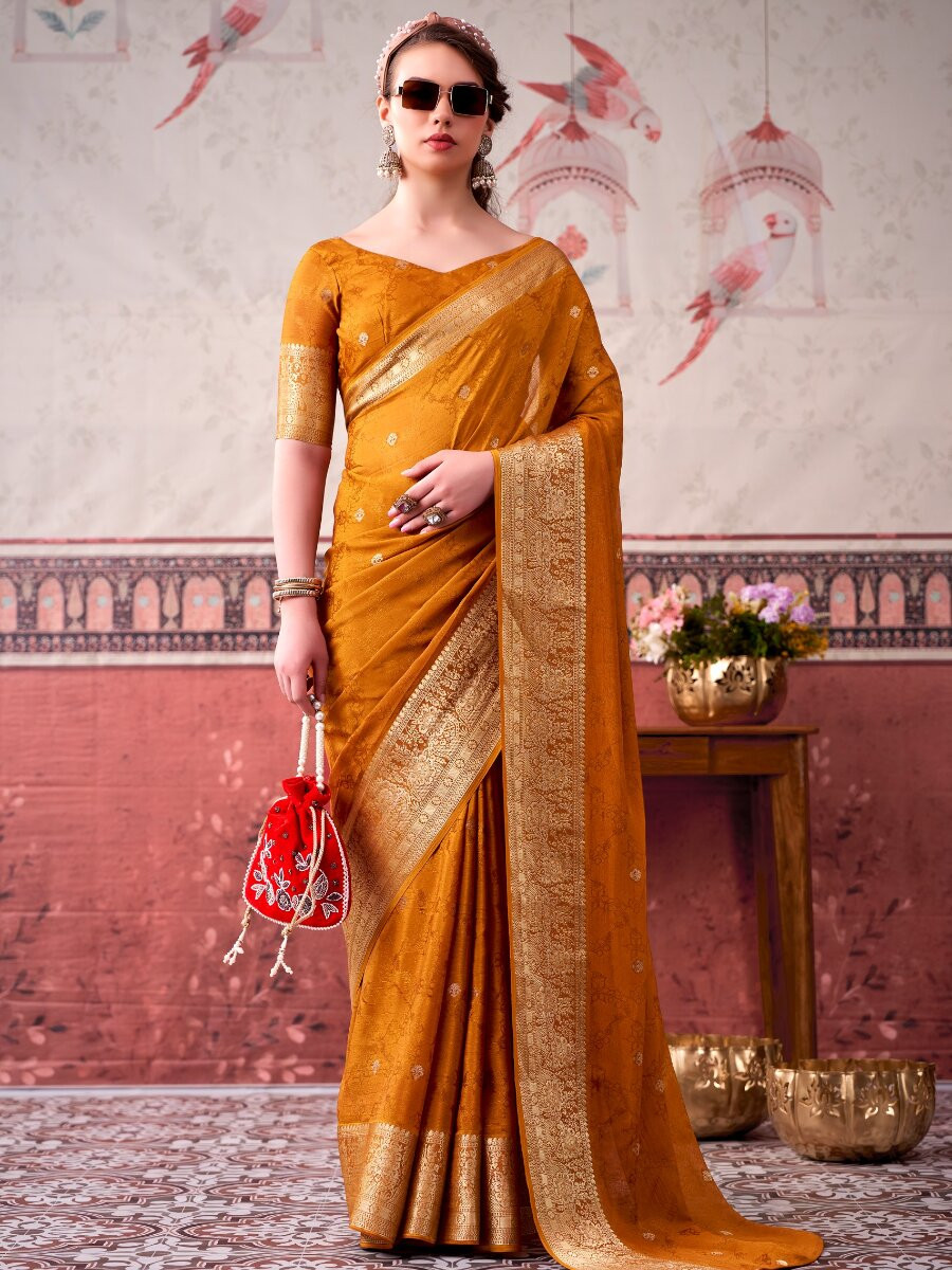 Mustard Chinon Weaving Zari Printed Wedding Reception Party Festival Casual Heavy Border Sarees