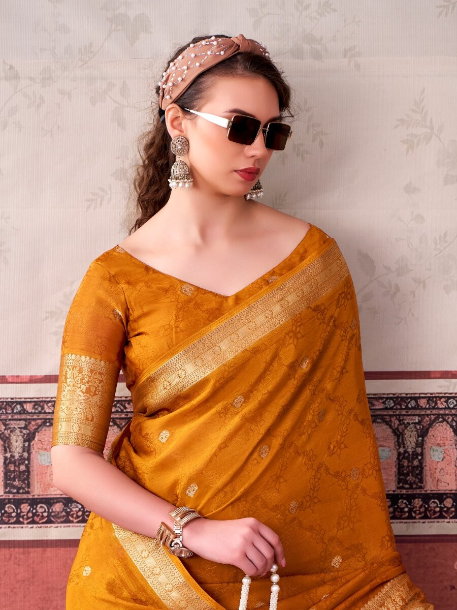 Mustard Chinon Weaving Zari Printed Wedding Reception Party Festival Casual Heavy Border Sarees