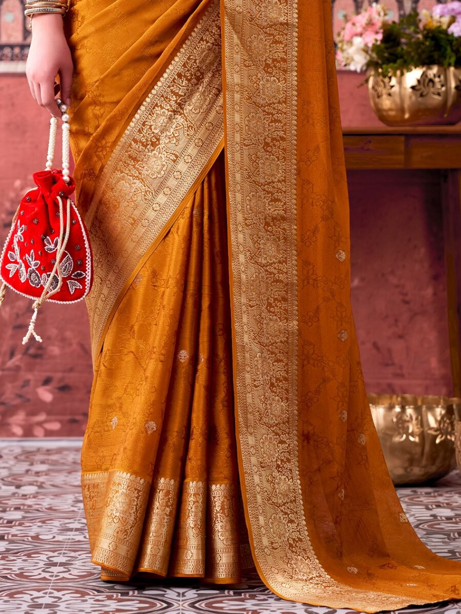 Mustard Chinon Weaving Zari Printed Wedding Reception Party Festival Casual Heavy Border Sarees
