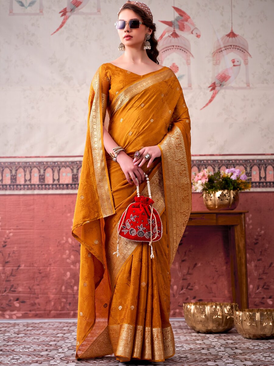 Mustard Chinon Weaving Zari Printed Wedding Reception Party Festival Casual Heavy Border Sarees