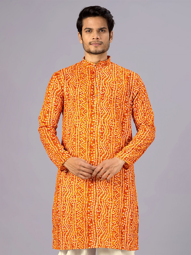 Image of Mustard Cotton Bandhani Printed Wedding Festival Party Wear Casual Mens Kurta