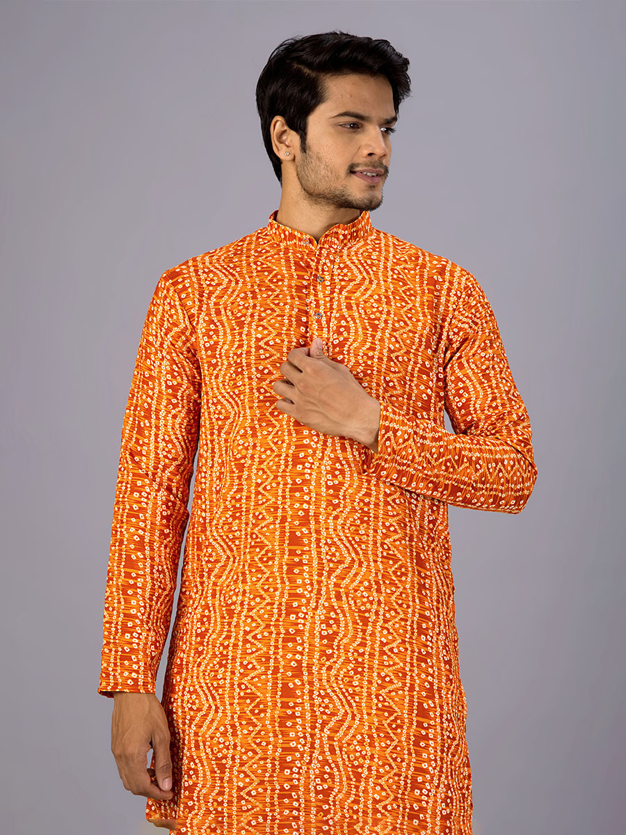 Mustard Cotton Bandhani Printed Wedding Festival Party Wear Casual Mens Kurta