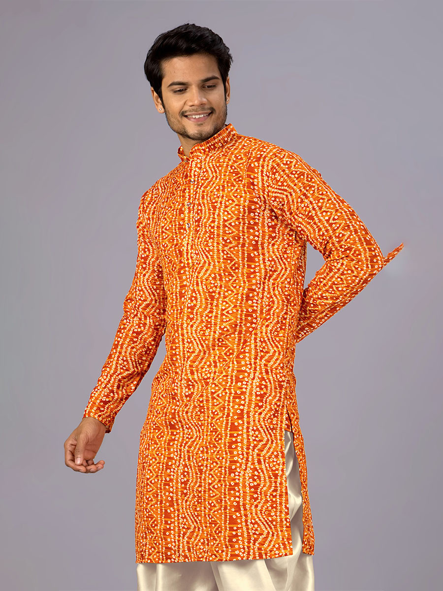 Mustard Cotton Bandhani Printed Wedding Festival Party Wear Casual Mens Kurta