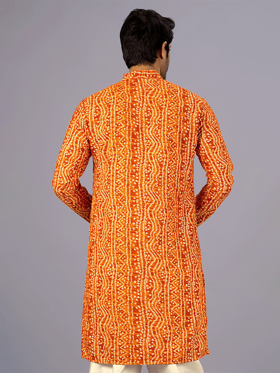 Mustard Cotton Bandhani Printed Wedding Festival Party Wear Casual Mens Kurta