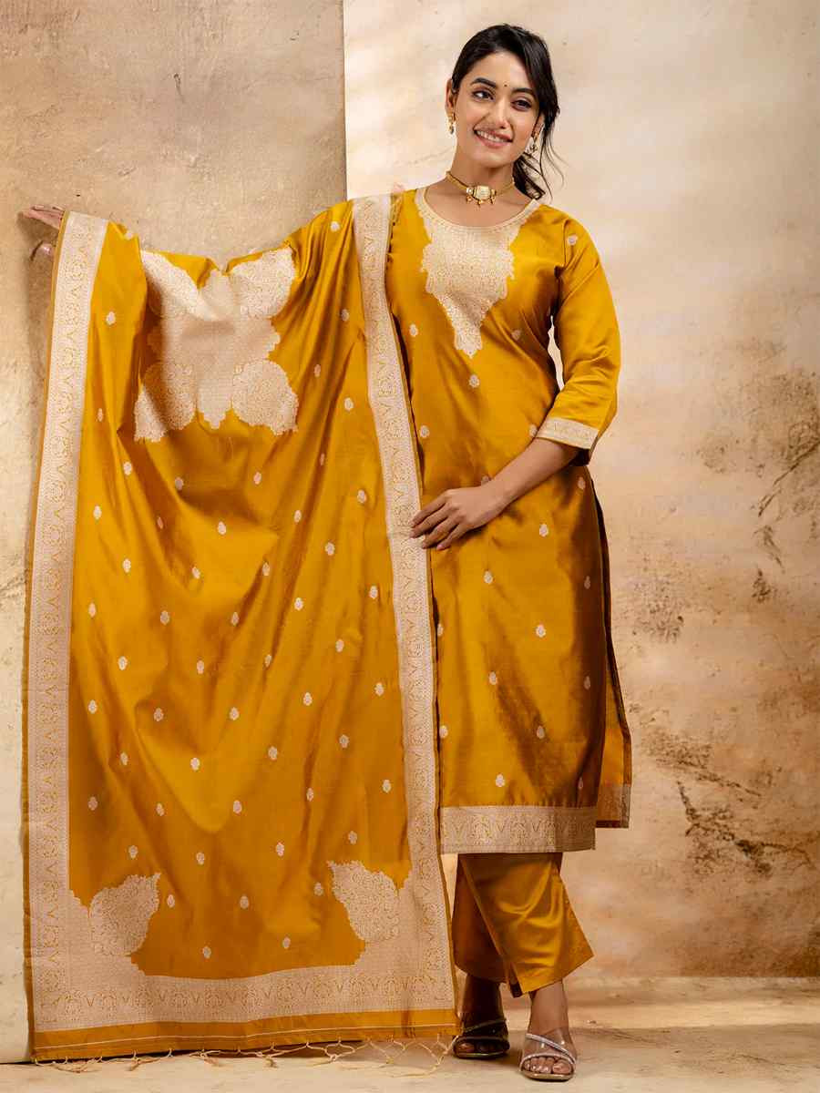 Mustard Cotton Blend Embroidered Festival Wedding Ready Pant Salwar Kameez