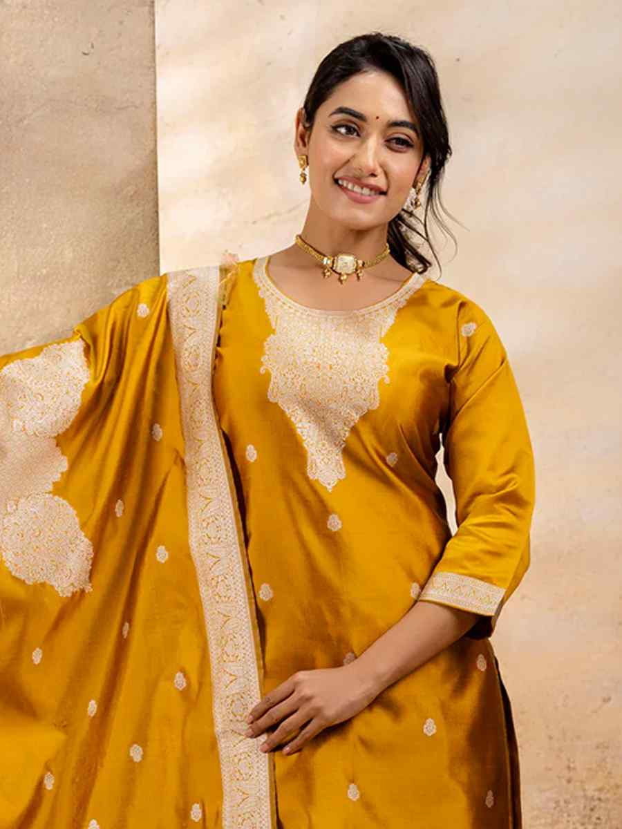 Mustard Cotton Blend Embroidered Festival Wedding Ready Pant Salwar Kameez