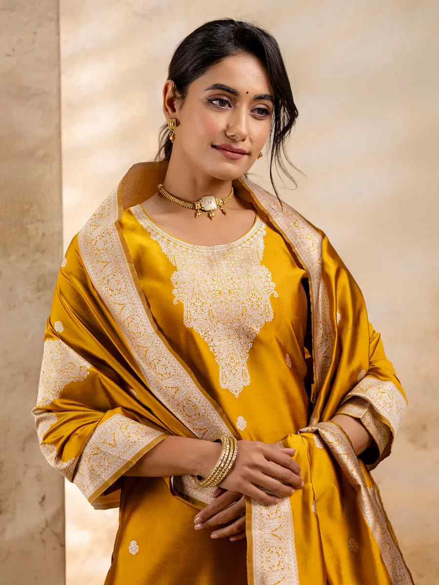 Mustard Cotton Blend Embroidered Festival Wedding Ready Pant Salwar Kameez