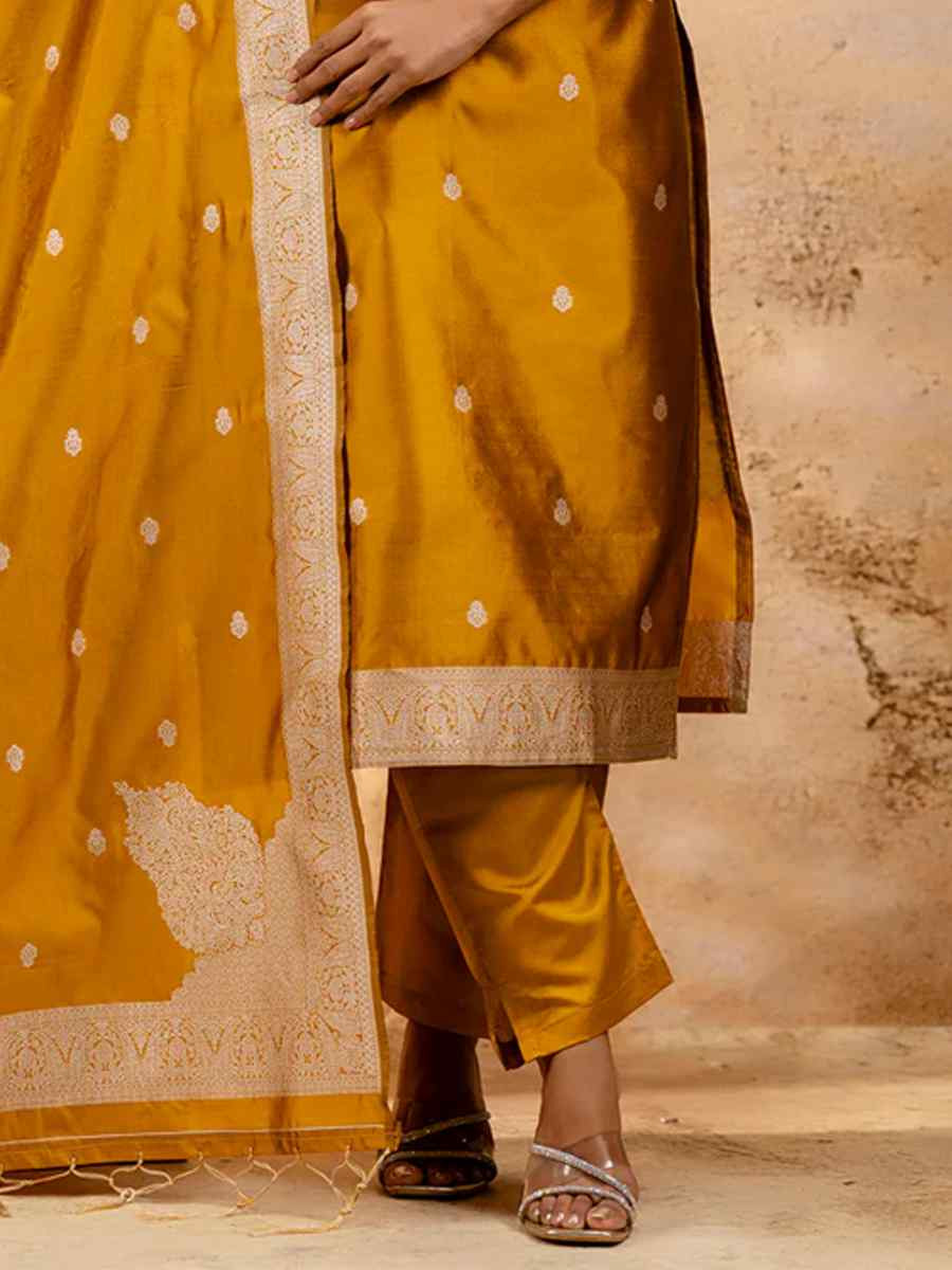 Mustard Cotton Blend Embroidered Festival Wedding Ready Pant Salwar Kameez