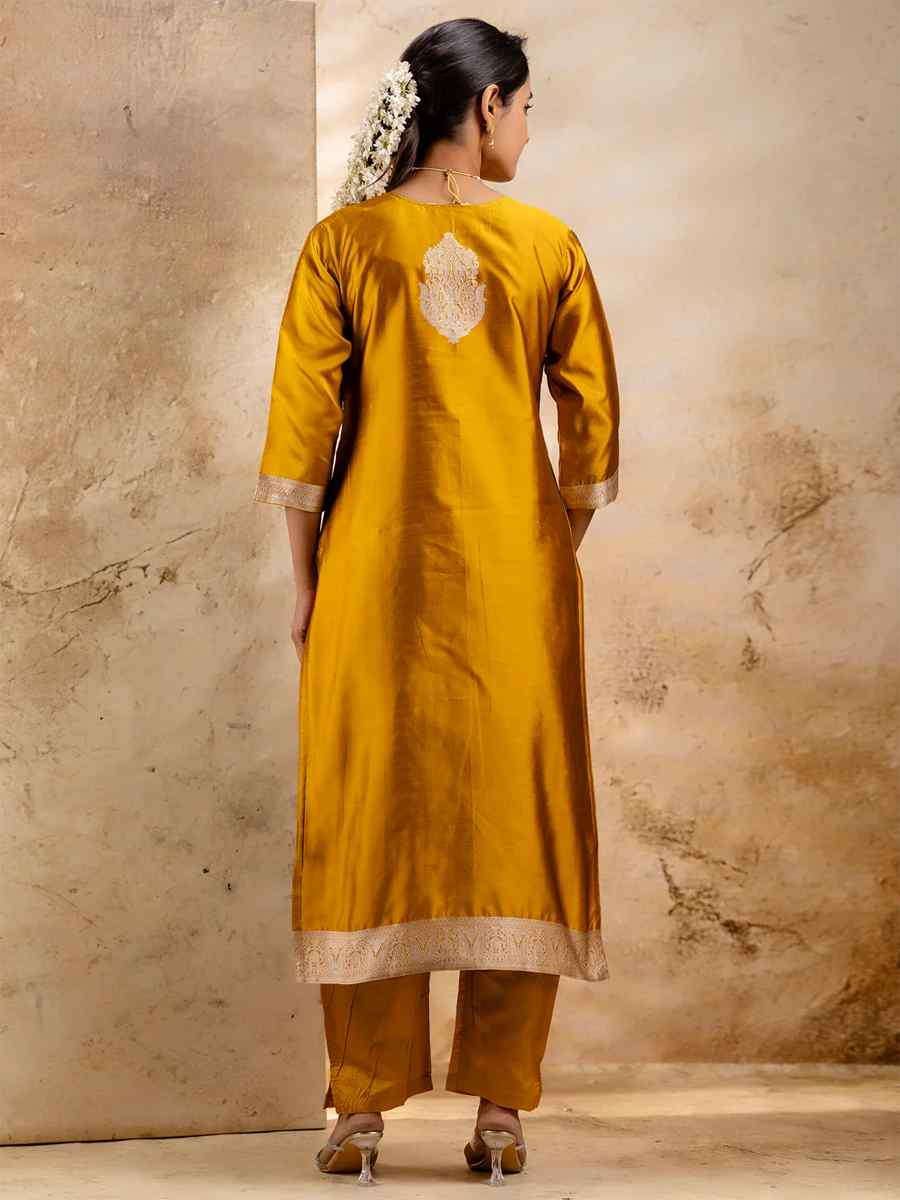 Mustard Cotton Blend Embroidered Festival Wedding Ready Pant Salwar Kameez