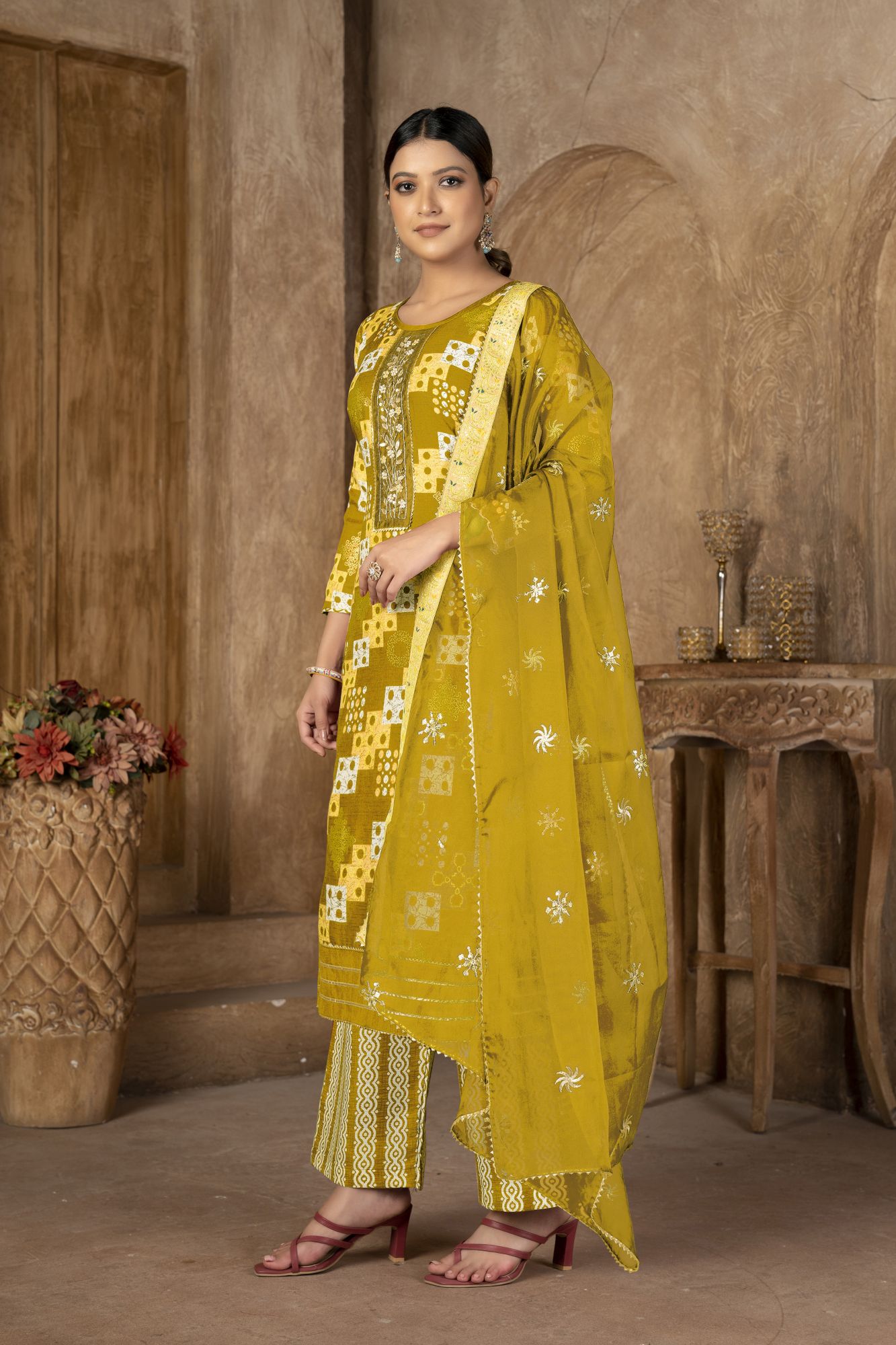 Mustard Cotton Embroidered Party  Festival Pant Salwar Kameez