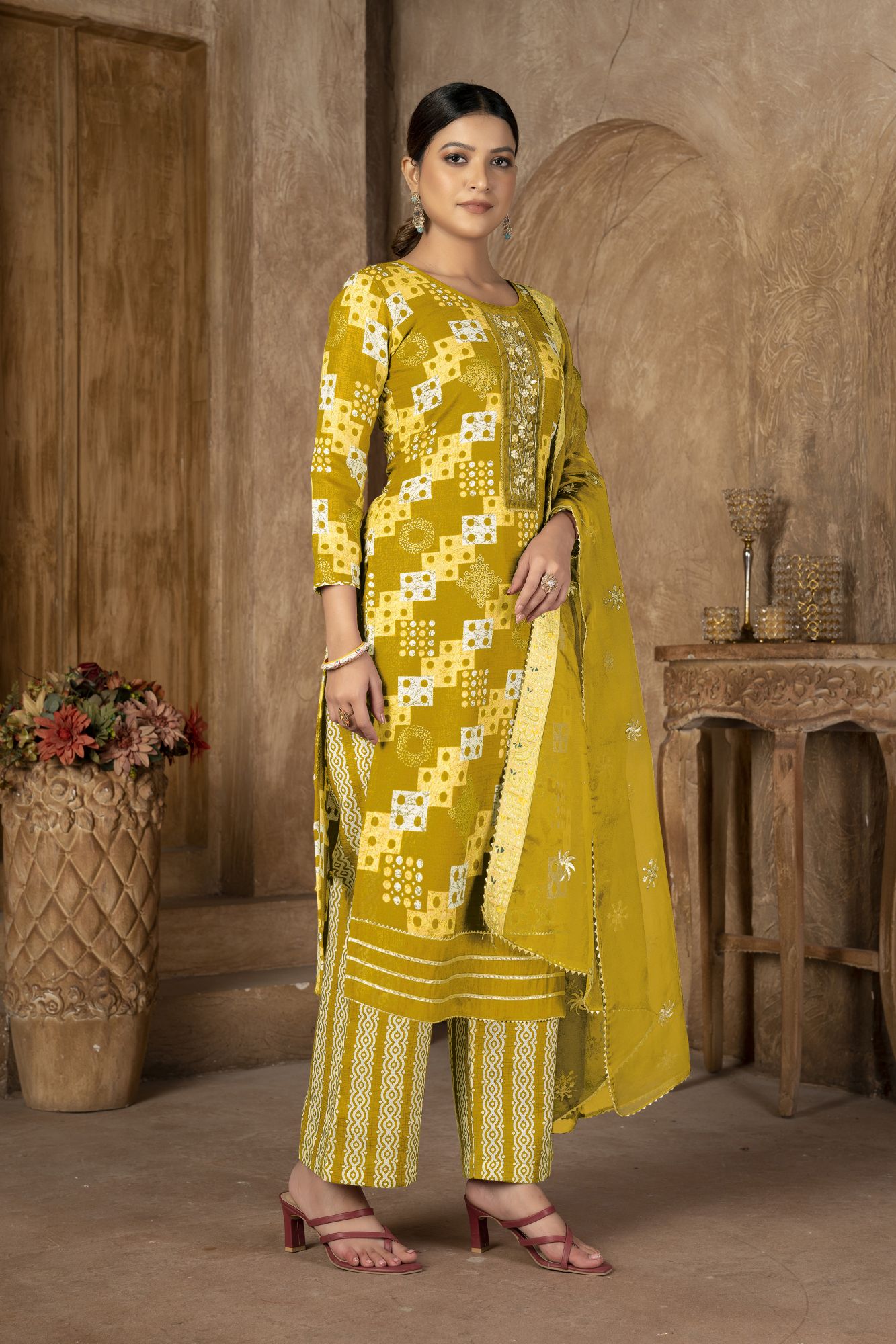 Mustard Cotton Embroidered Party  Festival Pant Salwar Kameez